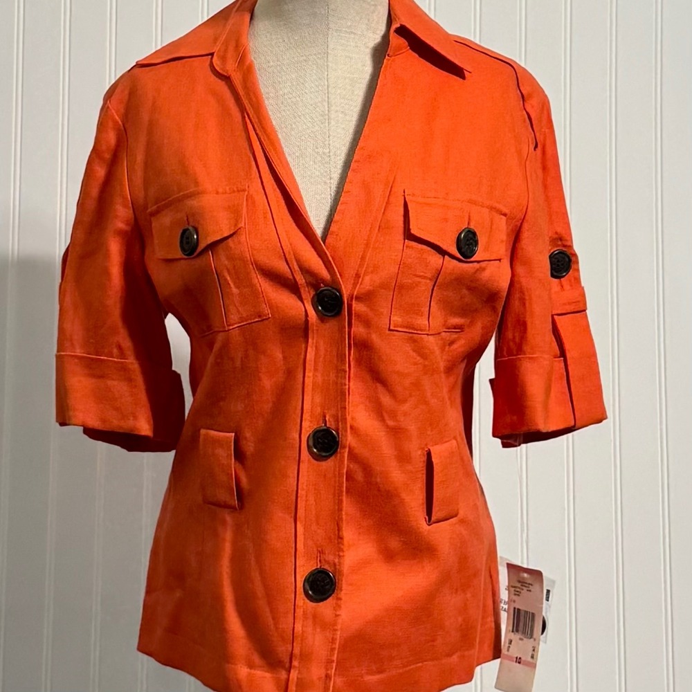 NWT AK Anne Klein 100% Linen Short Sleeve Utility Safari Jacket Orange 10 Boho